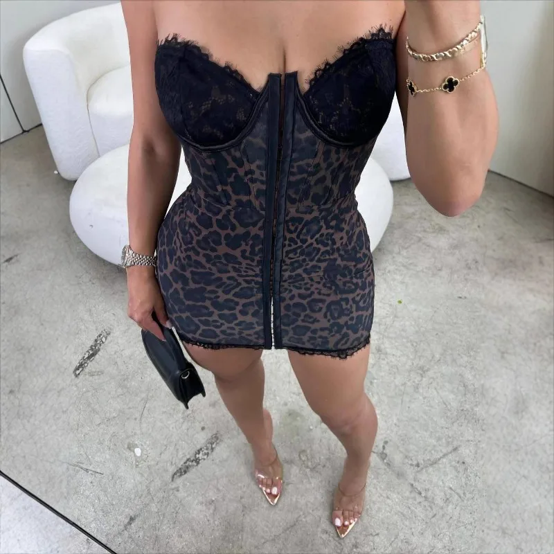 

2025 Autumn Lace Patchwork Leopard Print Skinny Strapless Dress Women Off Shoulder Slash Neck Single Breasted Streetwear Dresses