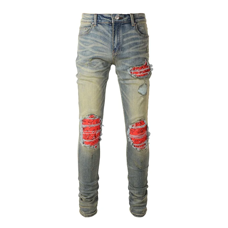 

Best Seller EU Drip Jeans Men's Blue High Street Distressed Slim Fit Stretch Destroyed Holes Red Ribs Patchwork Ripped Jeans