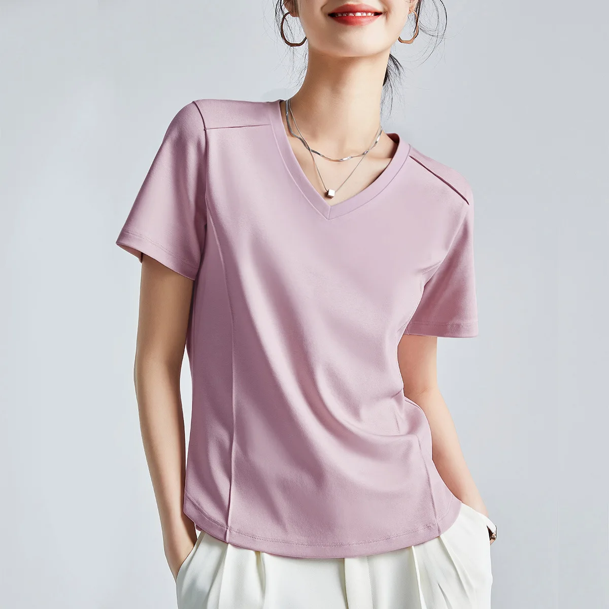 Summer Women's White Mercerized Cotton T-Shirt | 3D Stitching Round Neck Basic Top | Plus Size Slim Fit Layered Casual Blouse