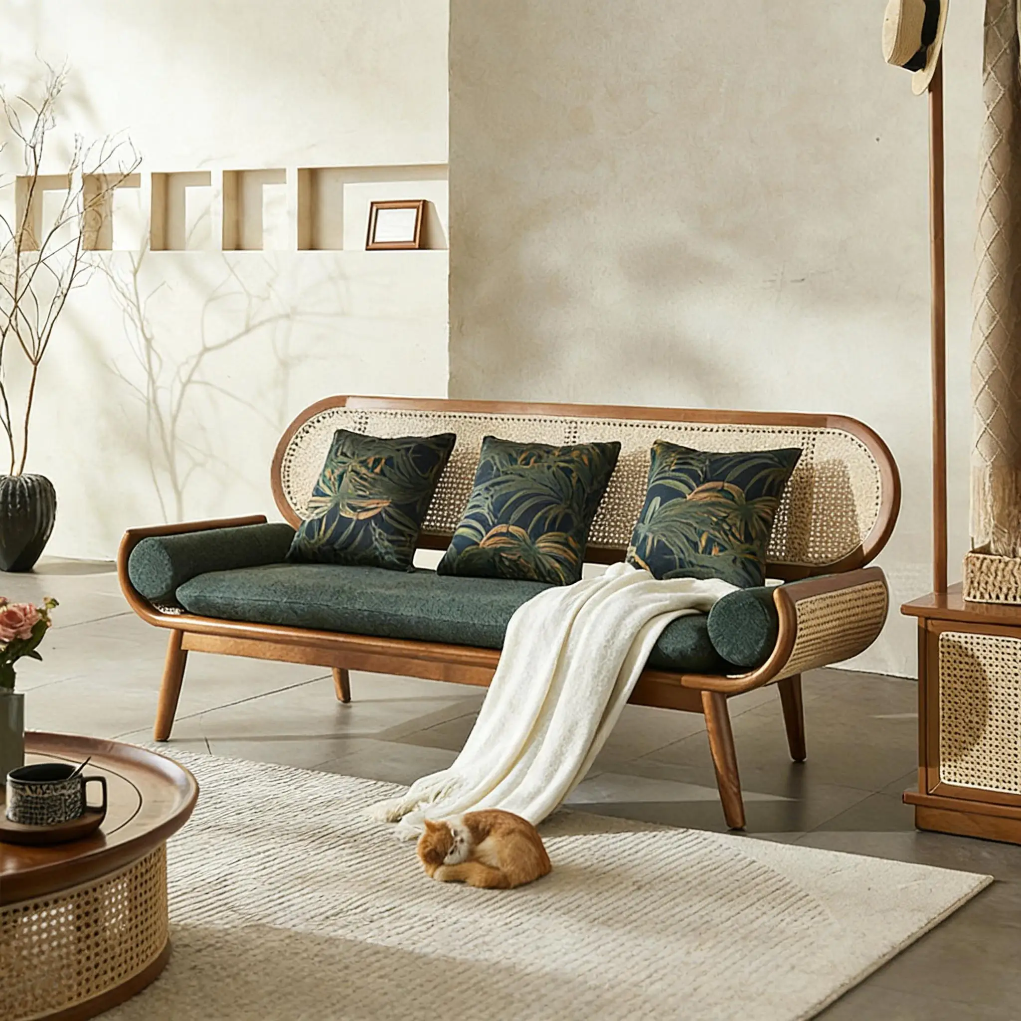 *Nordic Solid Wood and Real Rattan Woven Sofa Set Modern Sofa Bed for Hotel Use Small-sized Living Room Leisure Sofa