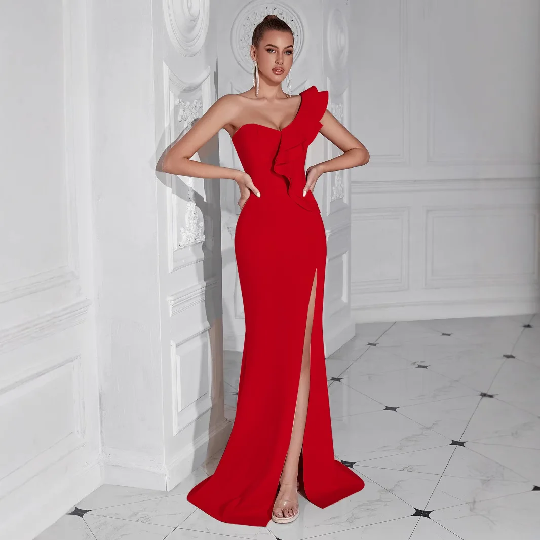 Sexy New Arrival Tee Dimensional Lace Trim Asymmetrical oulder Dr High Slit Host Gown Polyester Spring Faion