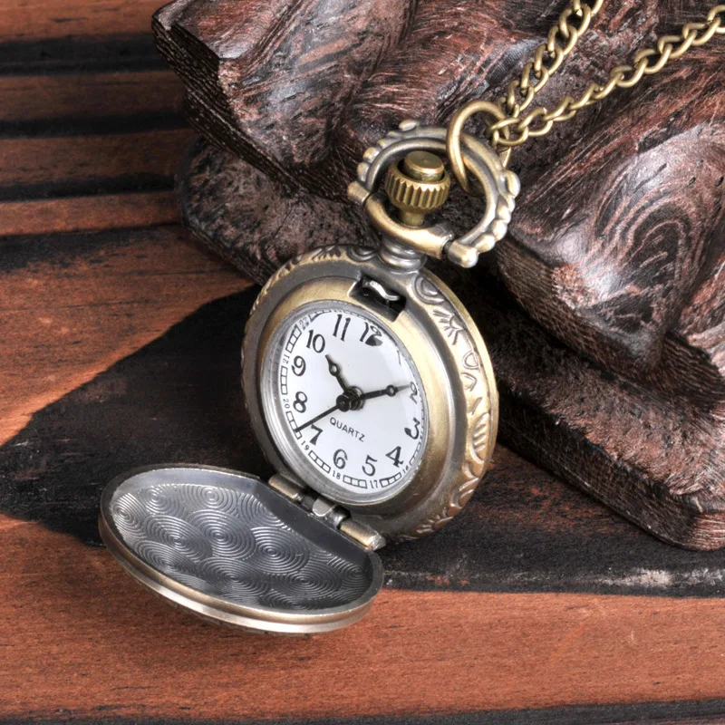 Vintage Rose Dial Quartz Pocket Watch for Men Women Flower Engraved Case Fob Chain Pendant Necklace Clock for Collection Gift