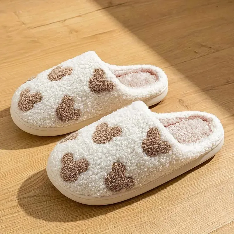 レディース刺繍入りテディベアスリッパ 秋冬用 快適で暖かい滑り止めホームスリッパ