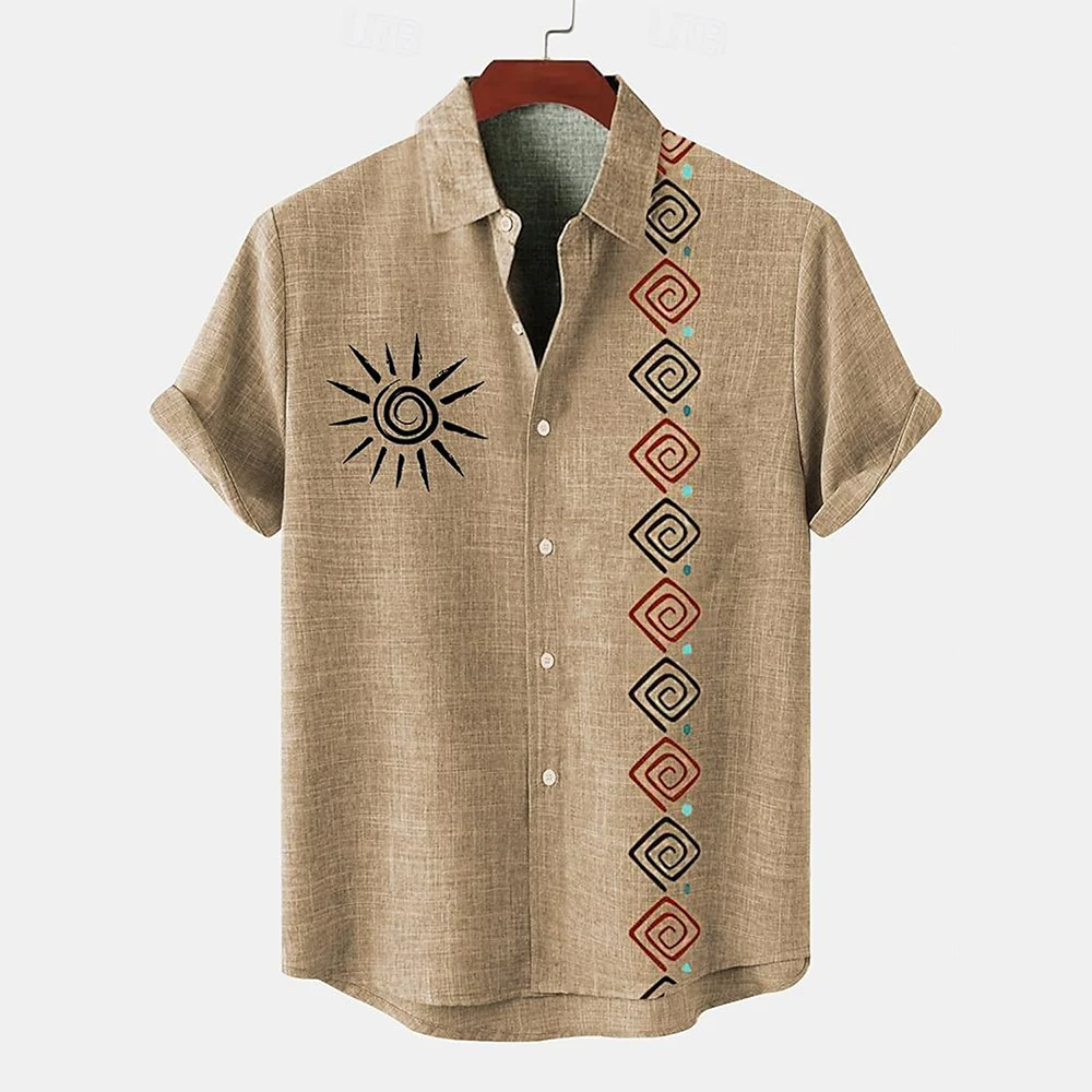 Vintage Men\'s Shirt Ethnic Pattern Print Short Sleeve Lapel Shirts Summer Male Oversized Clothing Fashion Casual Streetwear