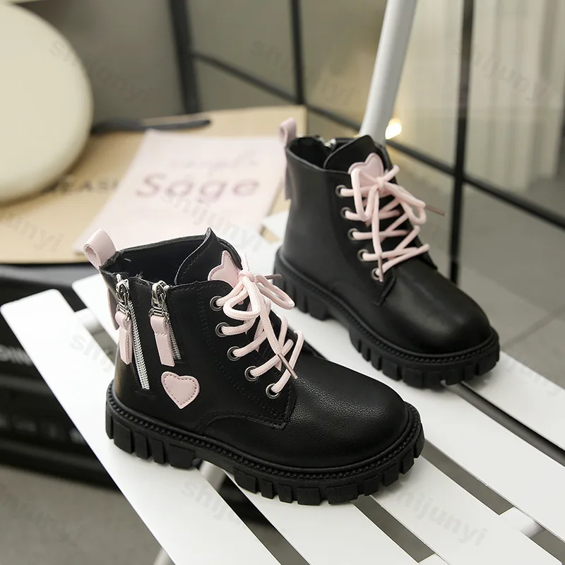 Children's Side Zipper Leather Boots Autumn Girls' Lace Up Non Slip Fashion Boots Lightweight Comfortable Soft Sole Casual Shoes