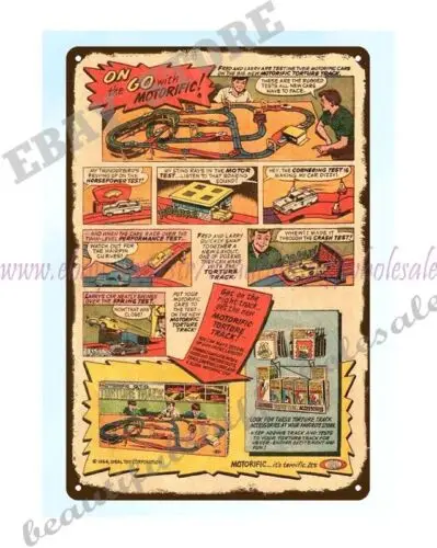 discount s 1966 comic ad toy Motorific Torture Track Race Car metal tin sign