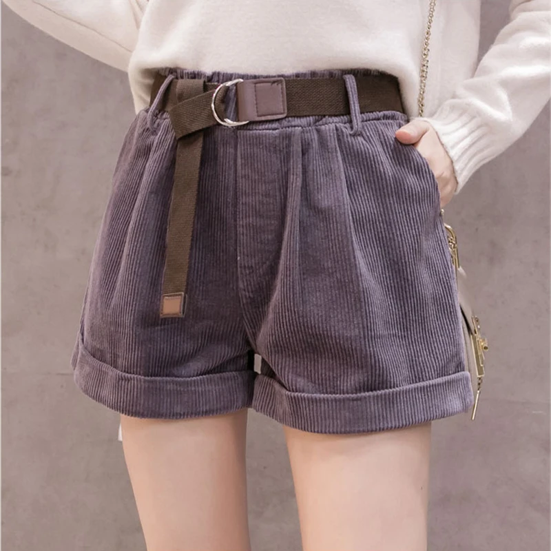 Korean Retro Elastic Waist Loose Casual Short with Belt Corduroy Rolled Wide-leg Short for Women Loose A-line Female Streetwear