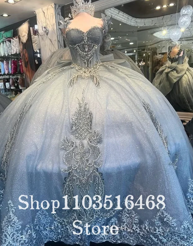 

Синее фантазийное платье в сказочном стиле, платье Quinceanera de 15, украшенное кристаллами, большие украшения с бантом, длинный хвост, по индивидуальному заказу