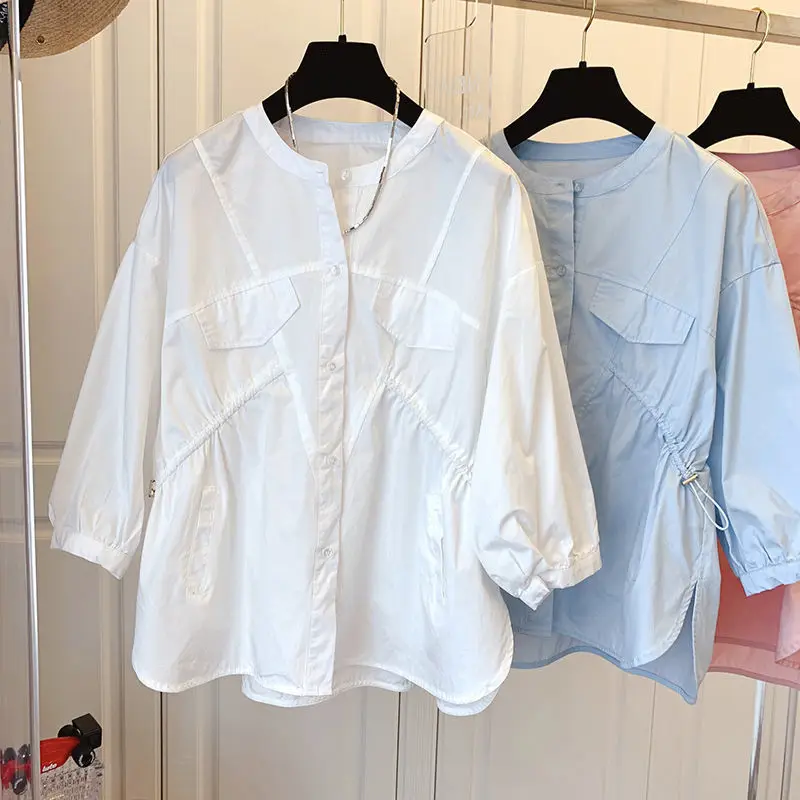 Camisa informal de manga corta con cordón y volantes de algodón estilo francés para mujer, corte holgado