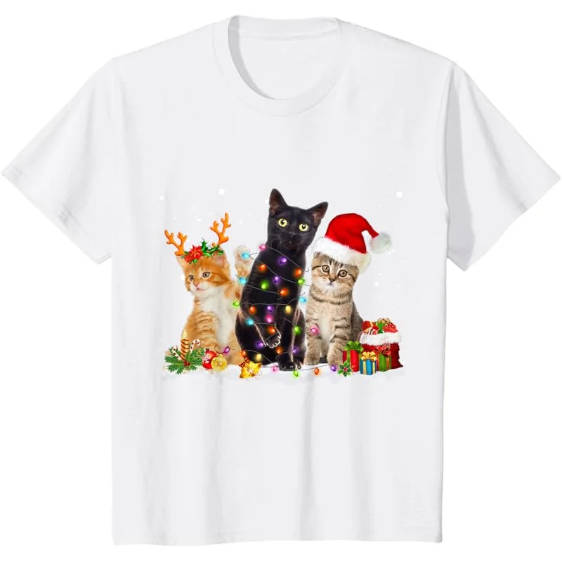 Santa Cat Light Precioso pijama de reno Camiseta navideña para amantes de los gatos