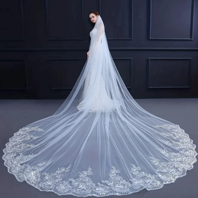 

Свадебная фата с аппликациями из блесток, однослойная соборная кружевная фата с расческой, свадебные аксессуары по индивидуальному заказу