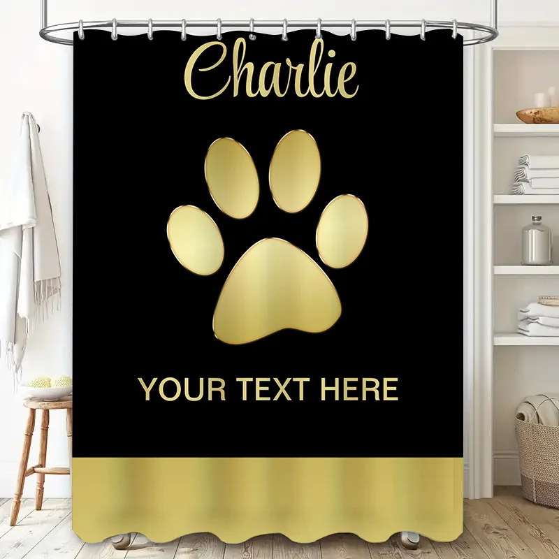 Personalized Golden Paw Print Shower Curtain Custom Pet Name, Text Holder for Bathroom Decor, Modern Functional, Black + Gold Co