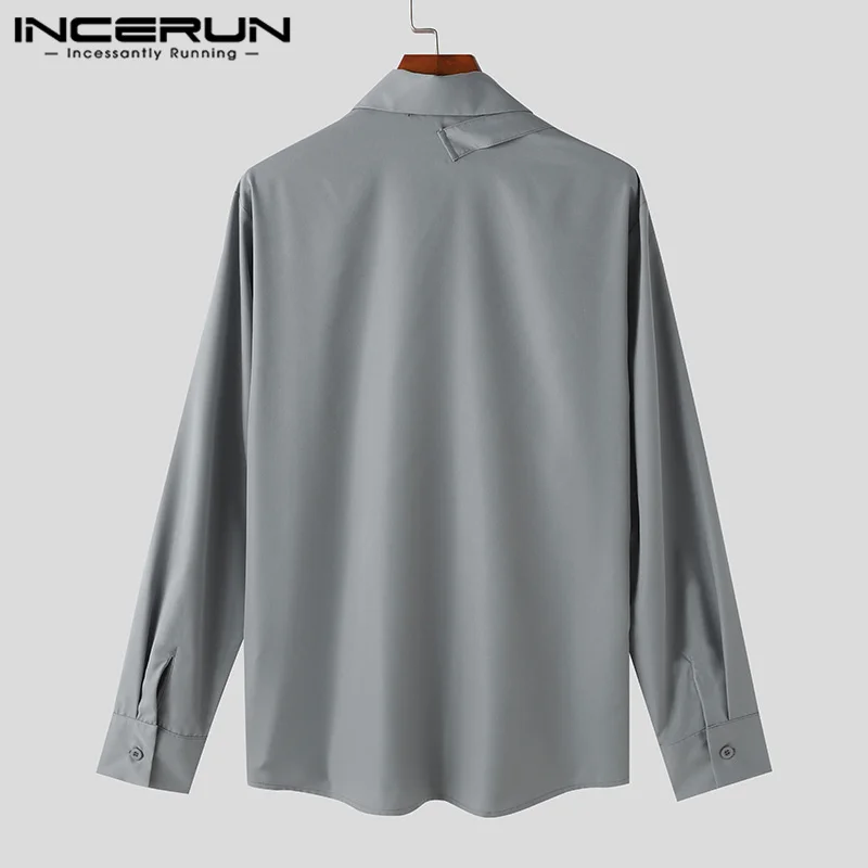 INCERUN Men\'s Shirt Solid Color Lapel Long Sleeve Streetwear Casual Men Clothing 2024 Fitness Fashion Business Leisure Shirts