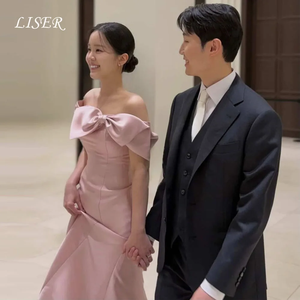 

Liser Off Shoulder Pink Evening Dresses Korea A-Line Bow Photo Shoot Customized Silk Satin Elegant Prom Dresses 저녁 드레