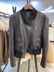 Black leather leather female vintage locomotives short coat asymmetric sheep leather jacket