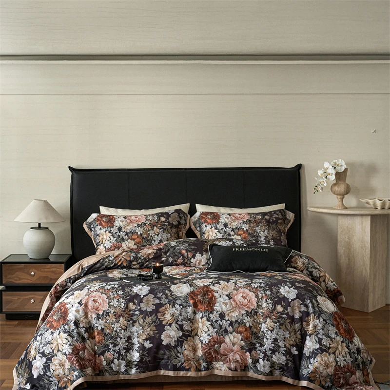 Flowers Prints Luxury Bedding Set Lyocell Cotton Brushed Duvet Cover Flat/Fitted Bed Sheet Pillowcases 4Pcs