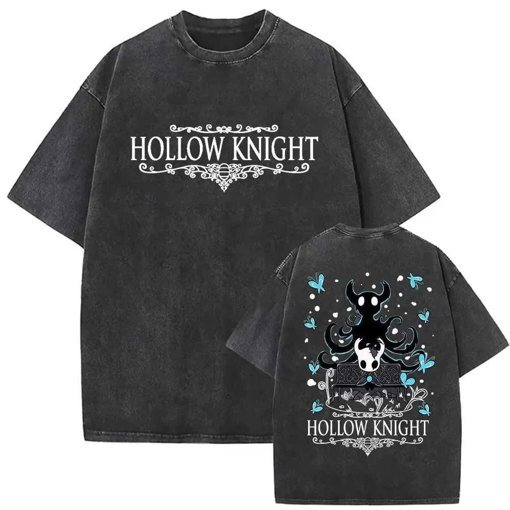 Washed Hollow Knight Print T-Shirts Women Men Oversized Y2k Gothic Short Sleeve Casual Cotton High Quality Female Male Clothing