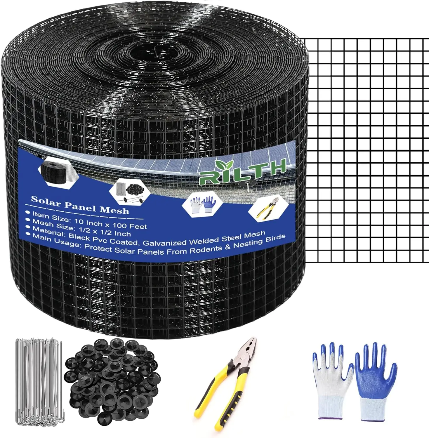 

1/2in Mesh Solar Panel Critter Guard, 10ftx100ft PVC Coated Steel, Bird Barrier with Fasteners