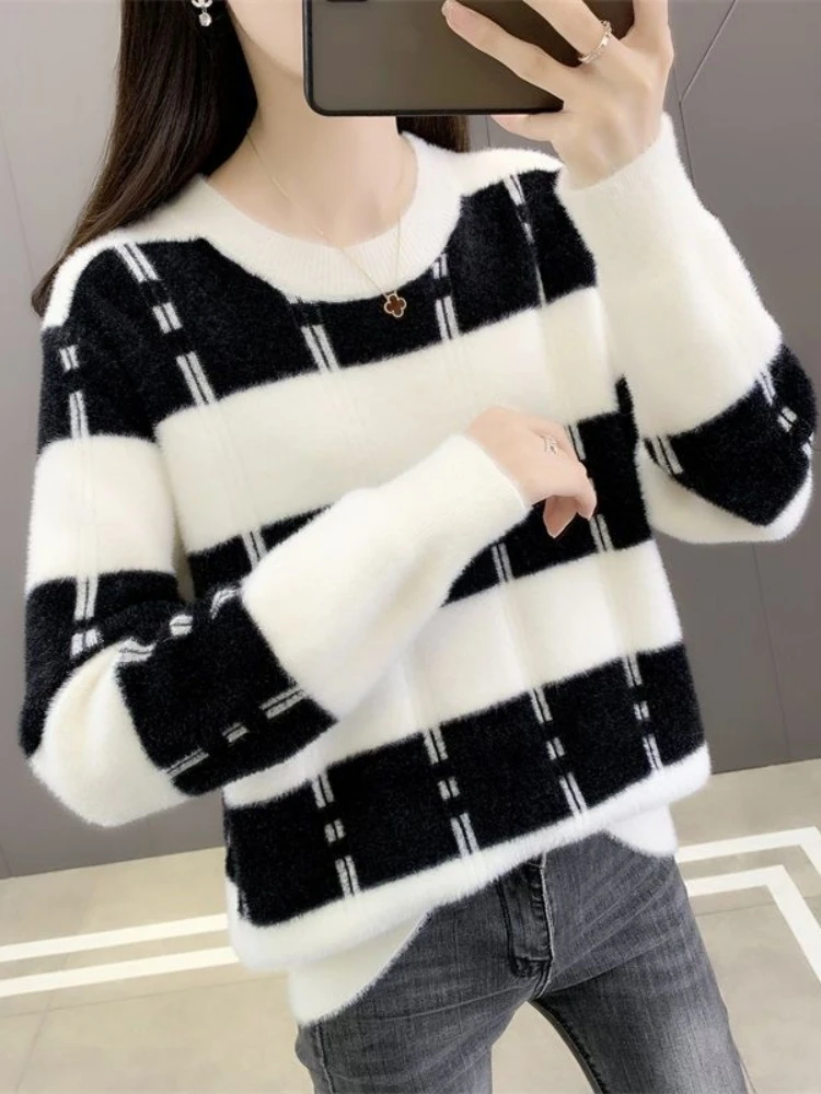 

Elegant Long Sleeve round Neck Knit Sweater Women's Loose Outerwear Lazy Style Autumn Winter New Fashion Top Polyester Fiber