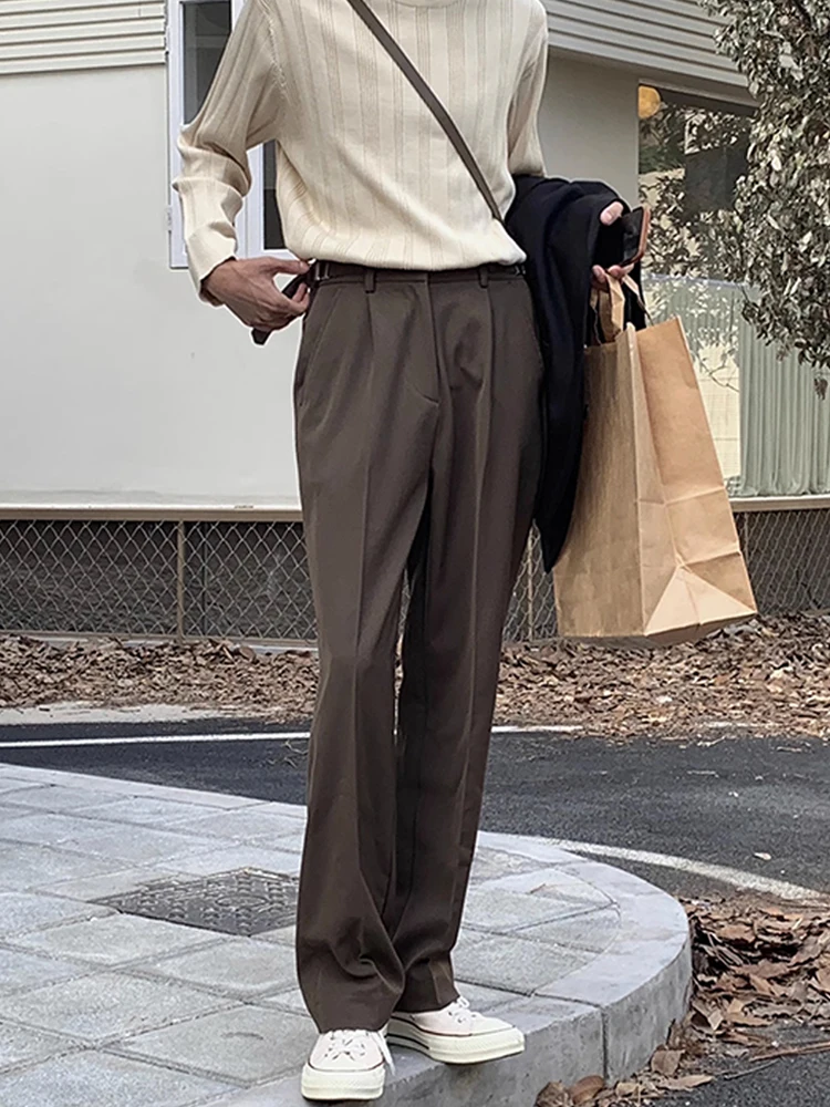 

Elegant Summer Men's Trousers with Double Buckle Design And Loose Straight Leg Korean Style Casual Long Pants Elastic Waist