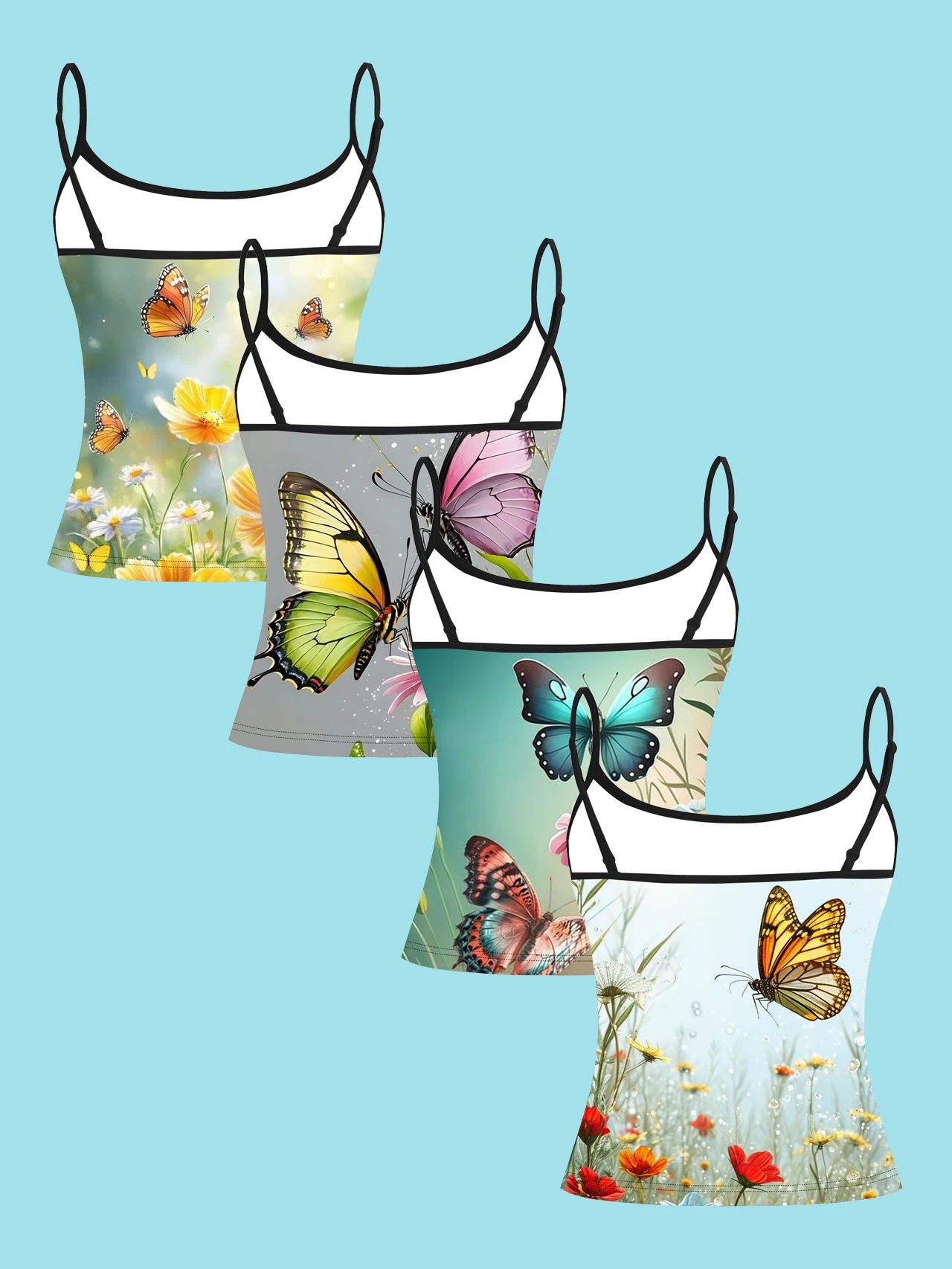 4-Piece Set of Women's Oil Painting Style Butterfly and Wildflower Print Camisoles, Fresh Pastoral Floral Butterfly Slim-Fit Spaghetti Strap Inner Tops