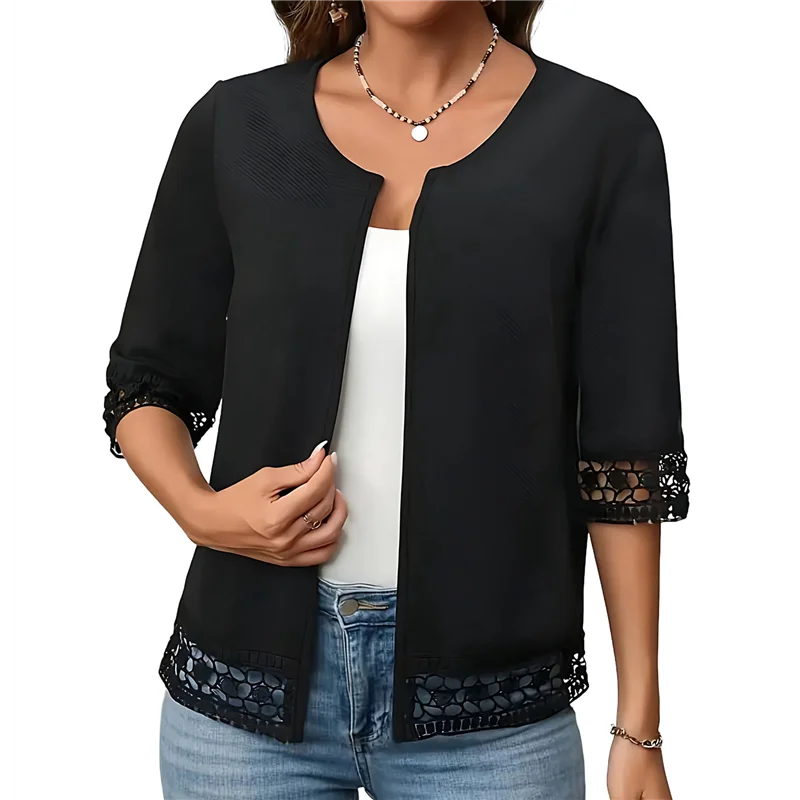 

A83F-Womens Casual 3/4 Sleeve Cardigan 2025 Trendy Loose Open Front Shirts Solid Color Lace Blouse Outfits