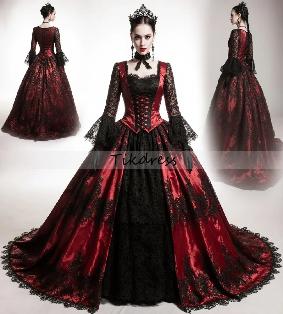 

Victorian Black And Red Wedding Dress Medieval Belle Sleeve Lace Ball Gown Costume Vampire Bride Dress Elegant Bridal Customized