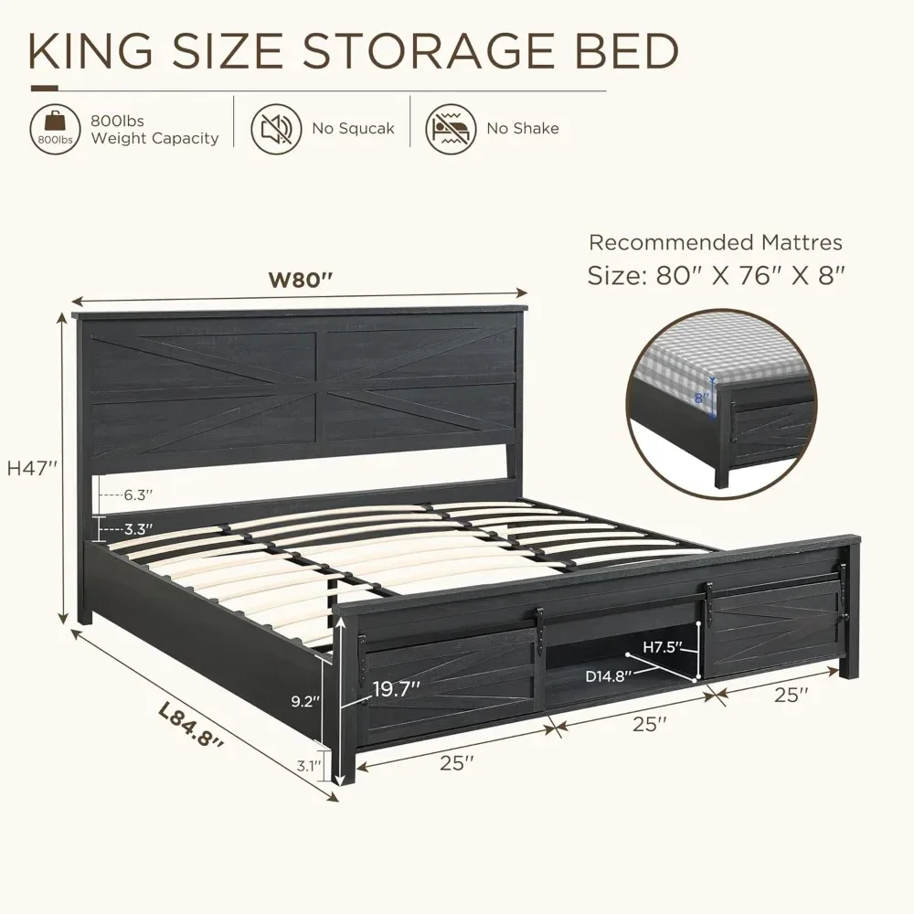 Farmhouse Wood Bed Frame King Size with Sliding Barn Door Storage Cabinets and Headboard, Solid Wood Slats Support