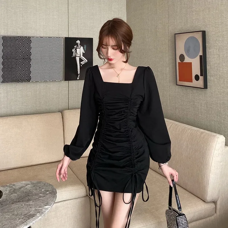 Women's Black Drawstring Design Long Sleeved Dress Spring Autumn New French Retro Style Small Stature Temperament A Slim Waist