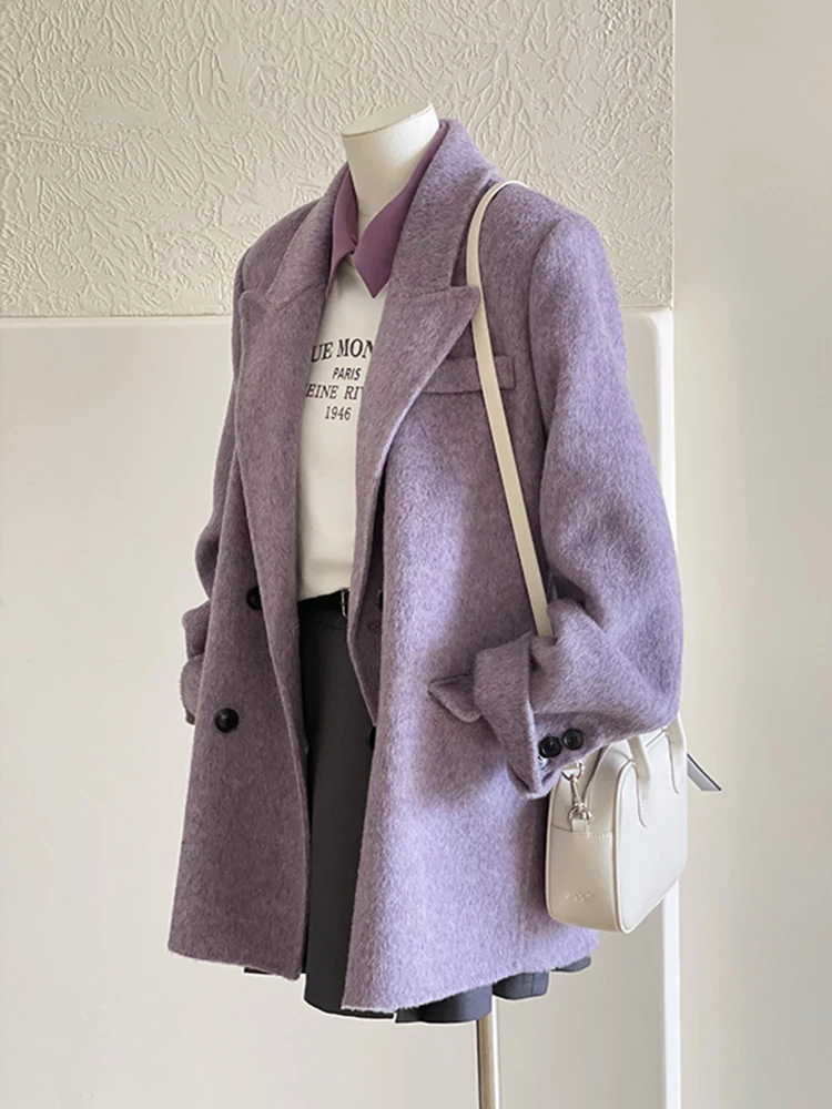 

Ele Purple Woolen Suit Sle Coat for Women Autumn Winter Small Size Faionable Korean Version Commute Long Sve Singl...