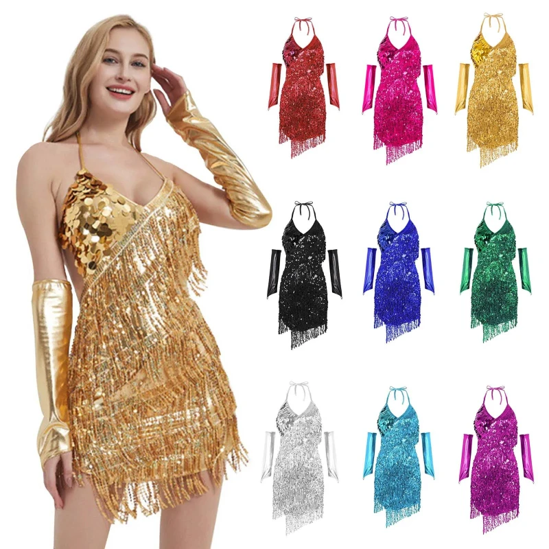 

Irregular Sequined Tassels Women Latin Dance Clothes Patchwork Short Dress Multicolored Halter Backless Dress With Oversleeve