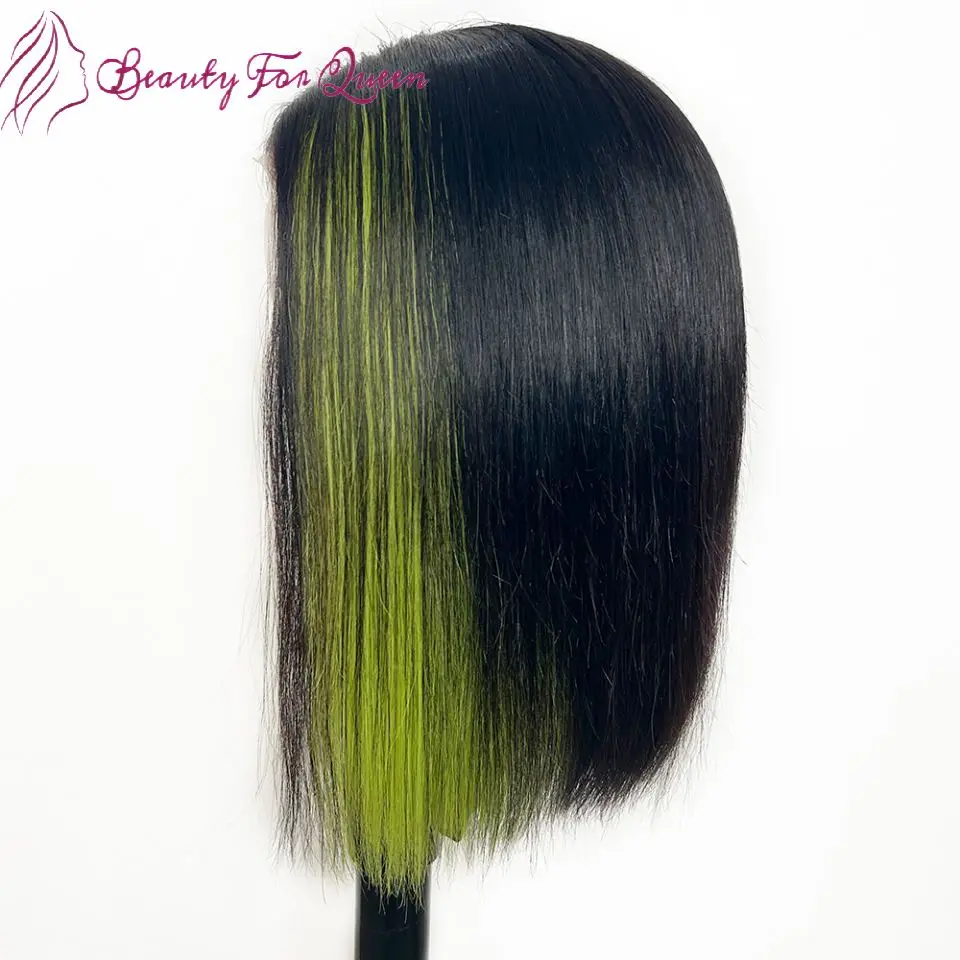 

Косплей-парик с прозрачной кружевной основой 13x4, из бразильских натуральных волос, высококачественный, омбре, зелено-черный, прямой, короткий боб для женщин