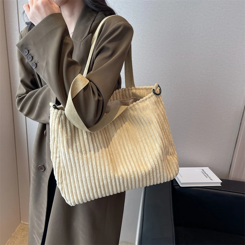 LEFTSIDE Solid Soft Corduroy Handbags for Women Winter Shoulder Side Bag Vintage Large Shopper Shopping Bags Zipper Totes