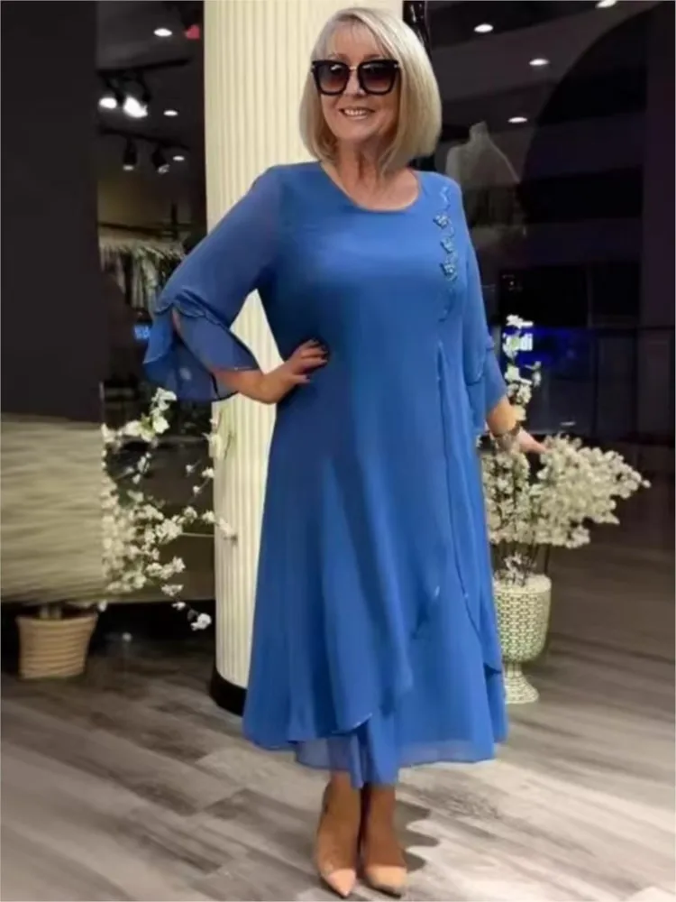 Vrouwen elegante effen jurk mode O hals driekwart trui losse jurken voor vrouwen casual vakantie kleding gewaad femme nieuw