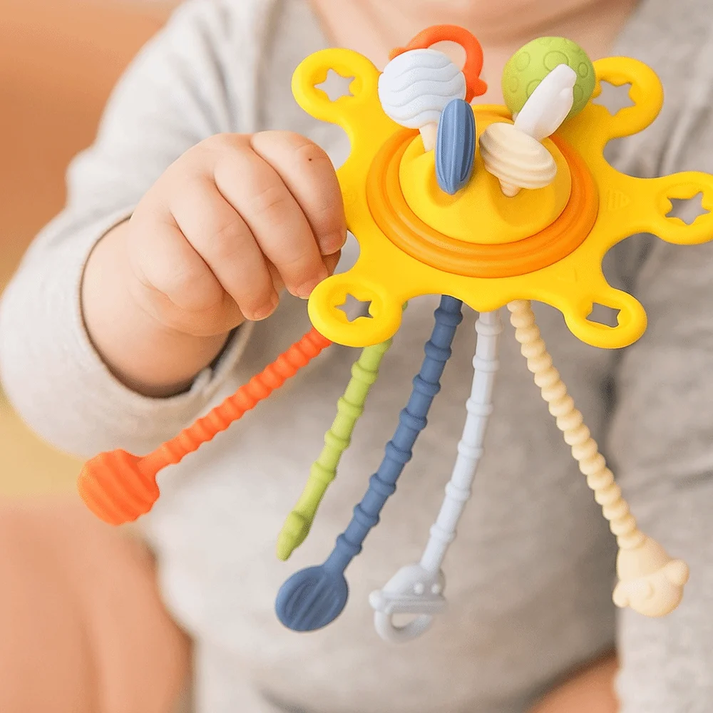 Piłeczka sensoryczna dla niemowląt PP, zabawka Montessori, rozwój sensoryczny, silikonowa, ze sznurkiem do ciągnięcia, uspokajająca, trening chwytania palcami.