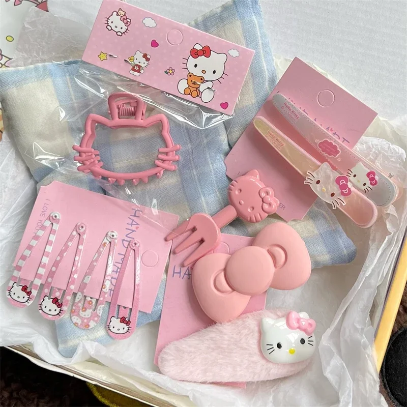 10Pcs Sanrio Hello Kitty Hairpin Set Cute Anime Cartoon Girl&Child Fashion Hair Accessories Ponytail Holder Holiday Gifts