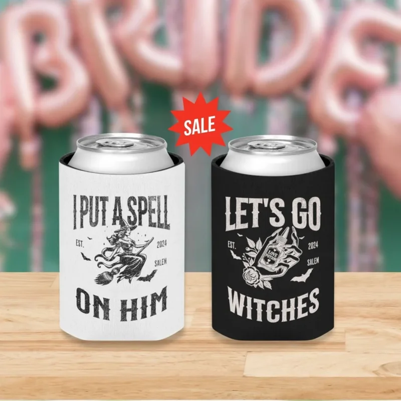 Halloween Witch Bach Beer Slim Can Cooler Holder Halloween Bridal Party Salem Bach Beer Sleeve Goth Bachelorette Party Supplies