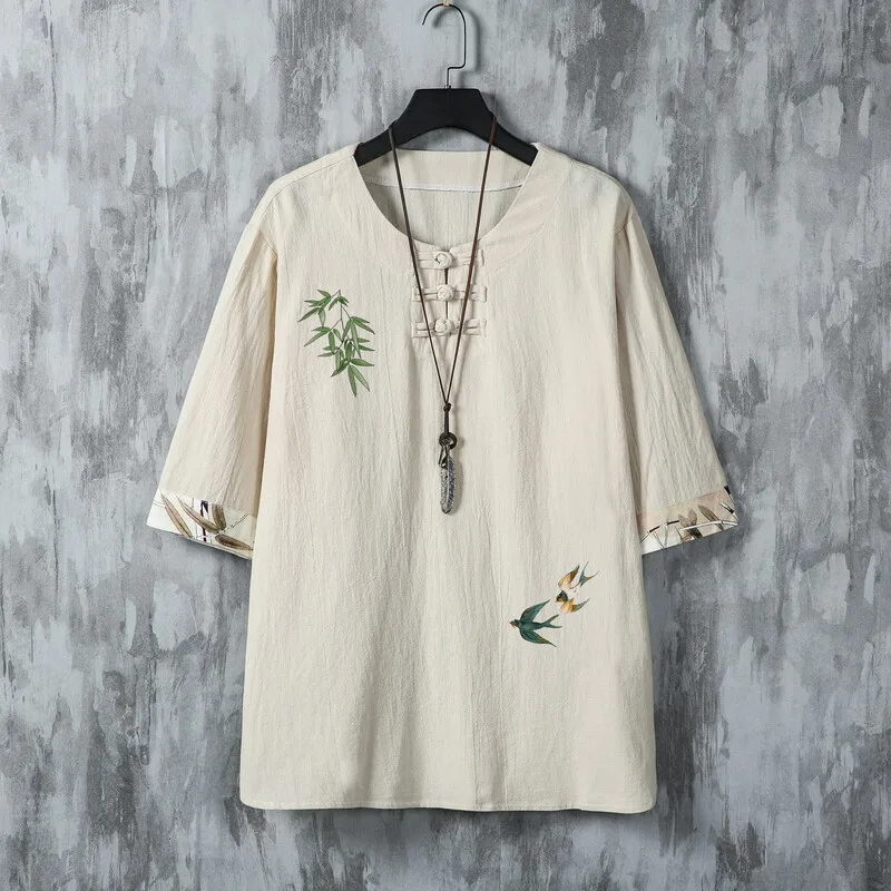 2025 여름 신상 고품질 남성 셔츠 프린트 면마 혼방 싱글 버튼 중간 소매 셔츠 탑