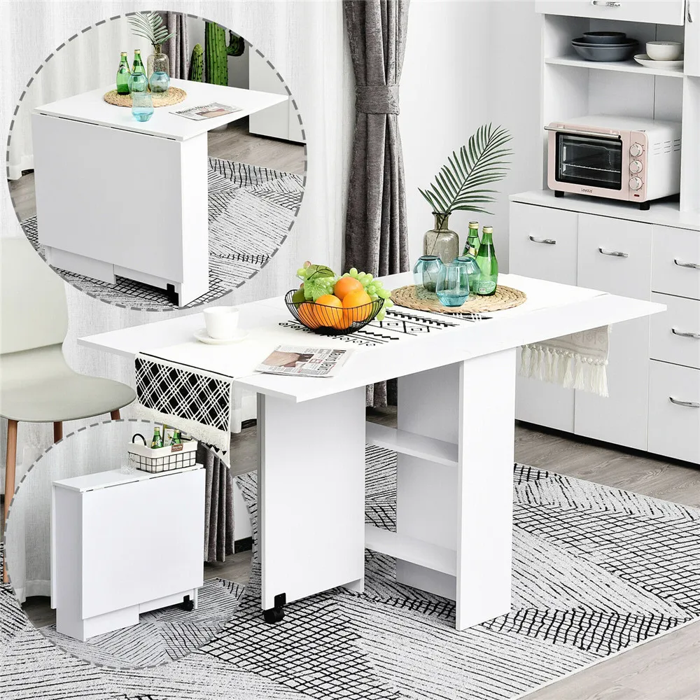 Marble Dining Table with Wheels Extendable Foldable in 3 Forms 2 Layers Storage Compartment Living Room Kitchen Versatile Table