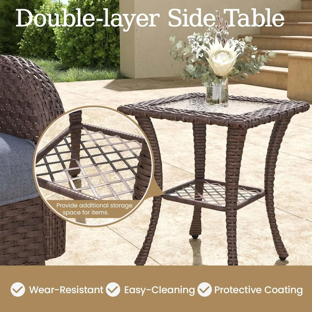 طقم أثاث فناء من الخيزران مكون من 6 قطع، مجموعة محادثة خارجية فاخرة مع كراسي هزازة دوارة عالية الظهر