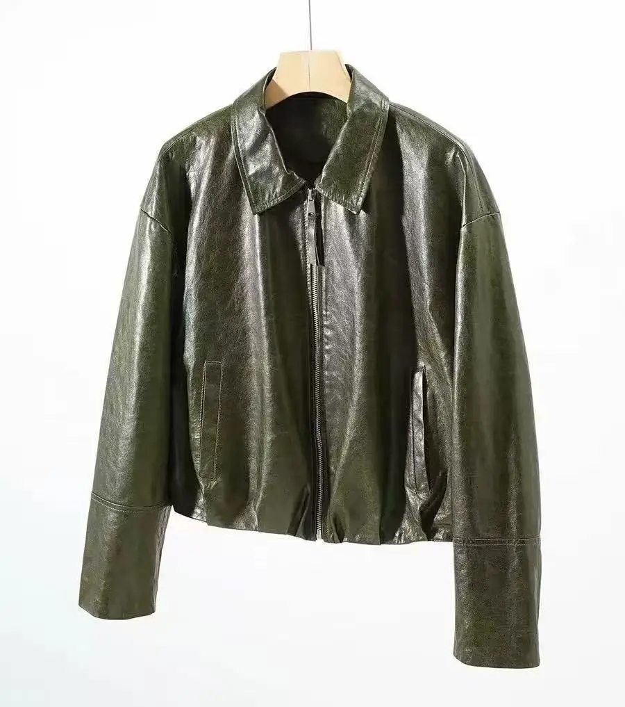 Chaquetas de Cuero 100% Genuino para Mujer, Chaqueta Corta Casual con Solapa, Otoño 2026, Cuero Encerado Verde, Chaquetas de Piel de Oveja para Mujer