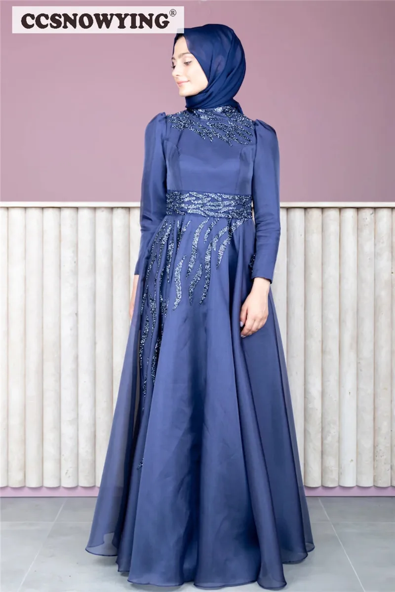 Apliques frisados manga longa hijab vestido de noite uma linha muçulmano formal vestidos de festa alta pescoço árabe dubai vestes islâmicas de soirée