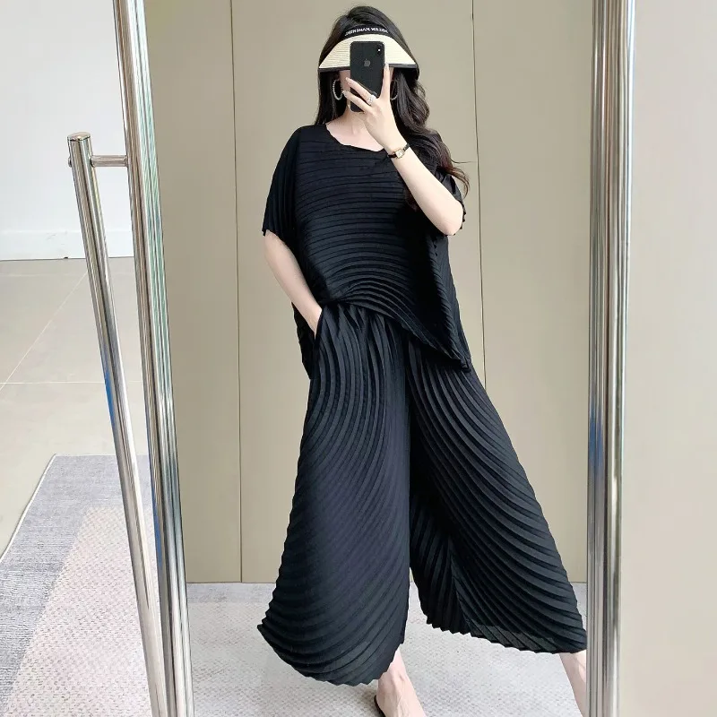 

Miyake Pleated Plus Size T-Shirt 2026 Summer New No-Iron Anti-Wrinkle Loose Top Elastic Wide-Leg Pants Women Casual Fashion Set