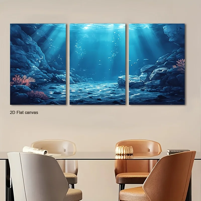 Frameless canvas 2D Flat Canvas 3pcs Underwater Cov Canvas Wall Art, Suitable For Room Decor, Office Decor, Home Decor, Wall