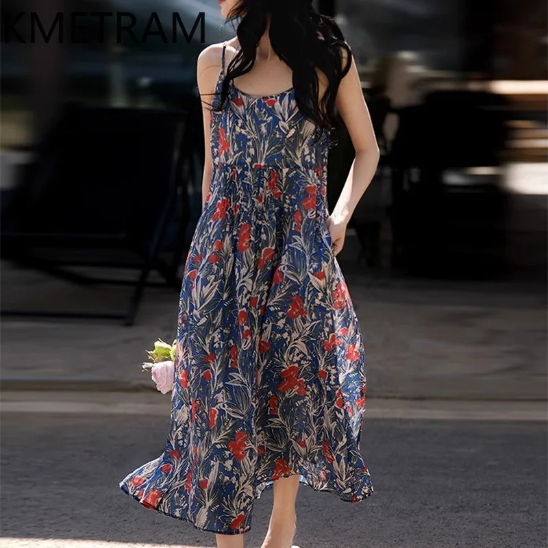 

KMETRAM 100% Ramie Slip Dress Woman Vacation Style Elegant Dress Woman Clothing High Quality Summer Long Dress Vestidos Mujer