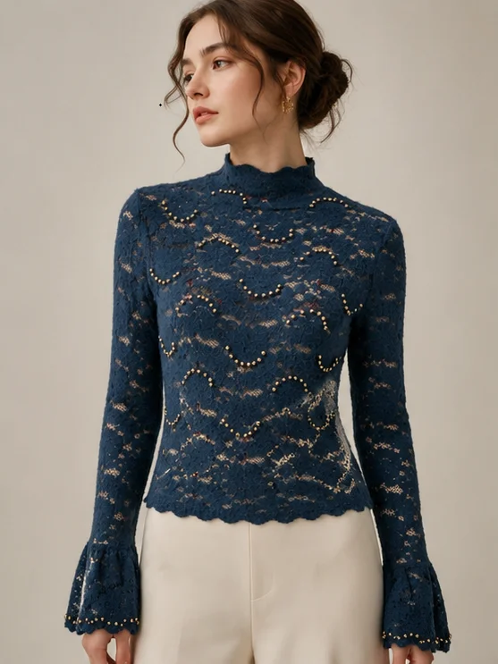 Women Pearl Lace High Neck Tops Autumn Winter Elegant Flare Sleeve Slim Fashion Blouse