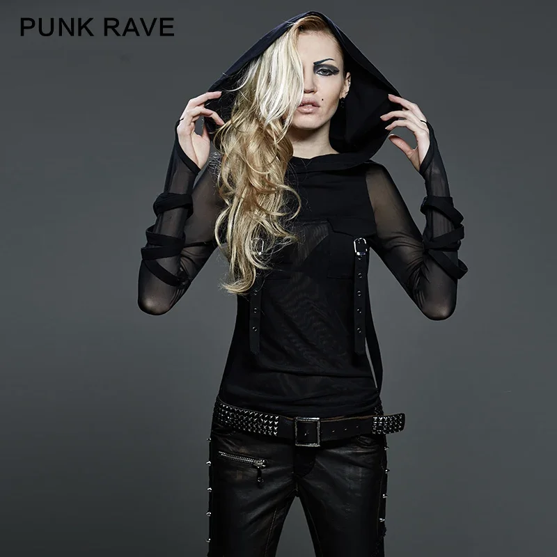 

PUNK RAVE Punk Women Dark Street T-Shirt Big Hood Black Translucent Long Sleeves Stretch Tee Shirt Heavy Steampunk Tops Hooded