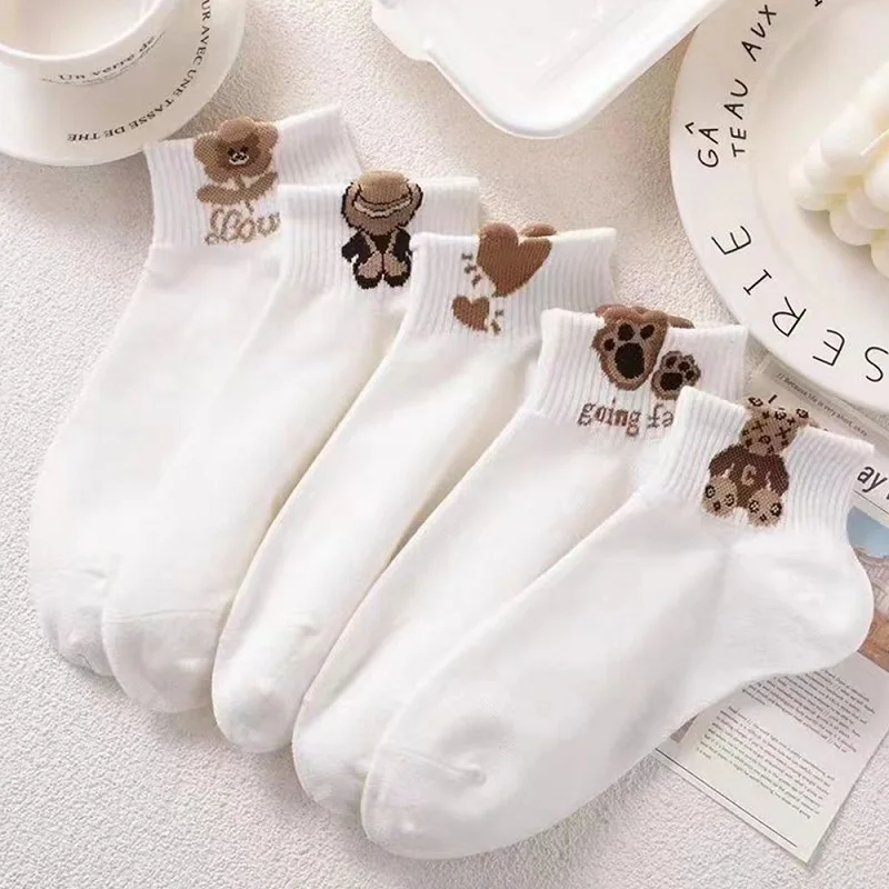 

5 pairs of girls' spring and summer short white cartoon cute breathable student socks fashionable versatile socks