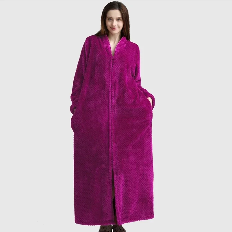 Warm Loose Women's Long Bathrobe Solid Zipper Winter Flannel Ladies Robe Terry Thick Fluffy Dressing Gown Sleepwear for Female