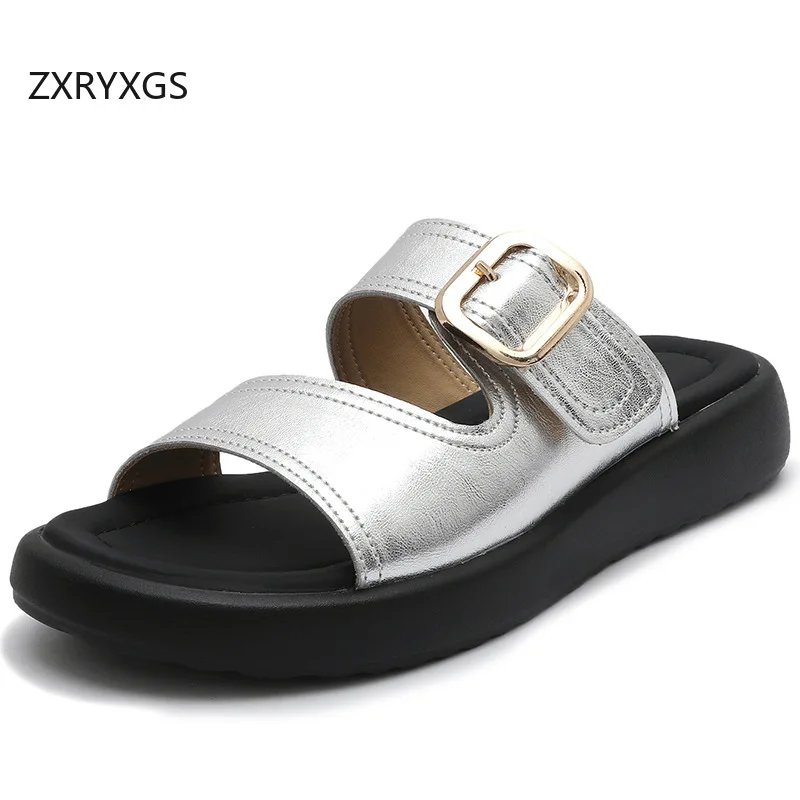 

ZXRYXGS Popular Top Cowhide Summer Open Toe Slippers Outside Shoes 2025 Real Leather Soft Flat Shoes Women's Slipper Large Size